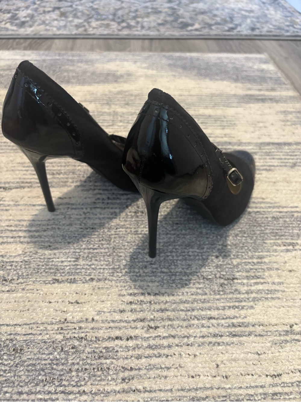 RSVP Black Patent & Suede High Heel Pumps with Buckle